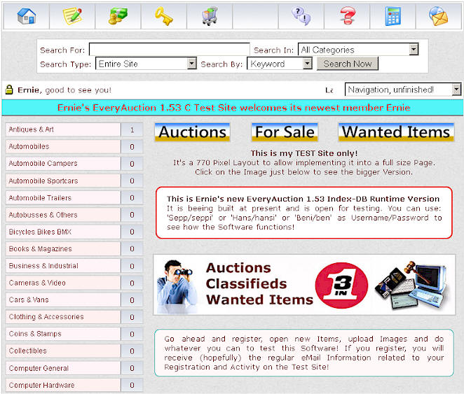 Ernie's all new EveryAuction 1.53 C "LGPL2" Perl Online Commere Portal Software
